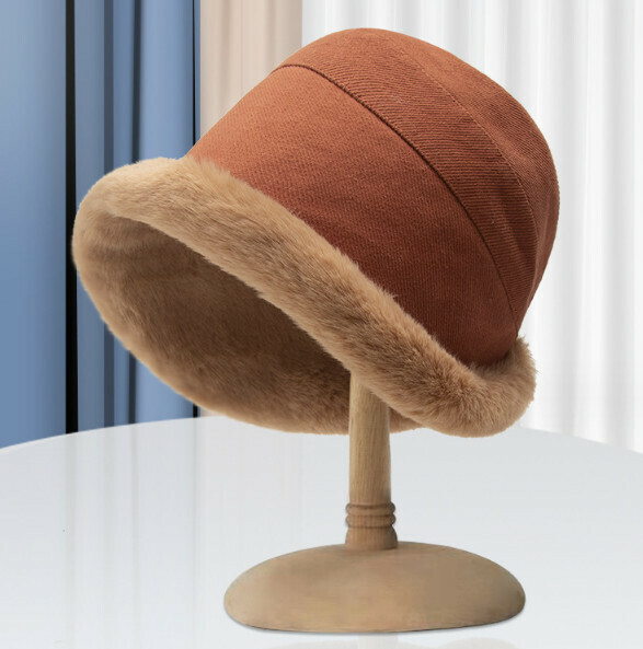 Hot push plush curled bucket hat (E-313 rust red)