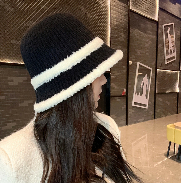 Hot recommended color block knitted bucket hat (E-509 black)