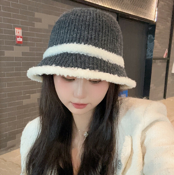 Hot recommended color block knitted bucket hat (E-509 dark gray)