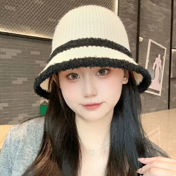Hot recommended color block knitted bucket hat (E-509 beige)