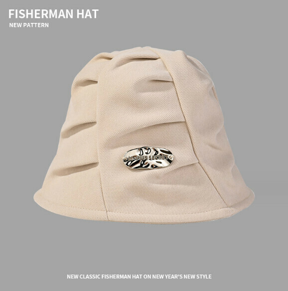Hot Recommended Solid Color Pleated Metal Label Bucket Hat (E-550 Beige)