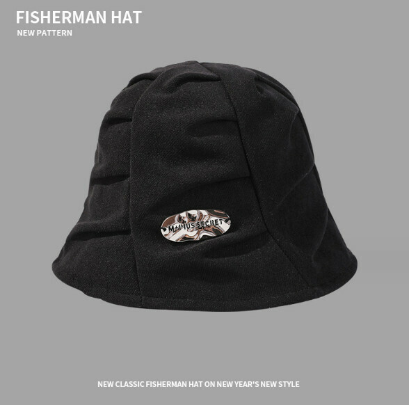 Hot Recommended Solid Color Pleated Metal Label Bucket Hat (E-550 Black)