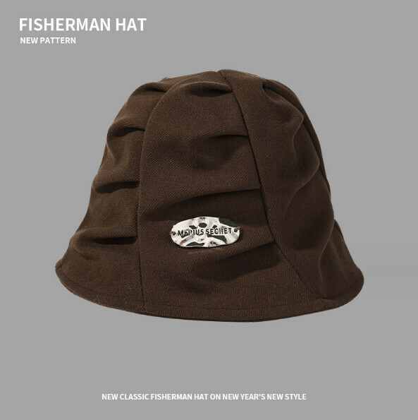 Hot recommendation solid color pleated metal label bucket hat (E-550 brown)