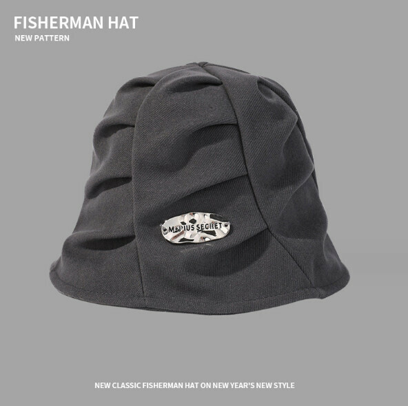 Hot recommendation solid color pleated metal label bucket hat (E-550 dark gray)
