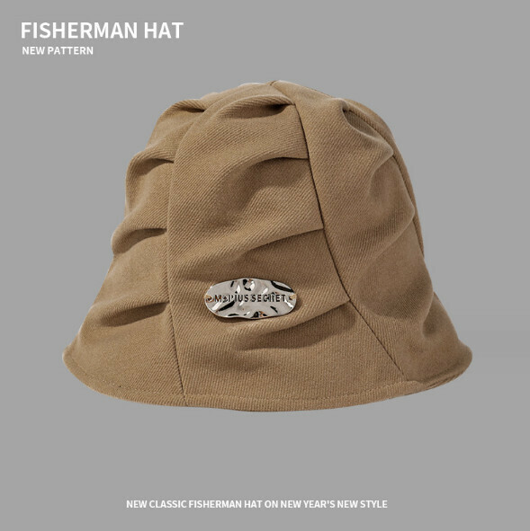 Hot Recommended Solid Color Pleated Metal Label Bucket Hat (E-550 Khaki)