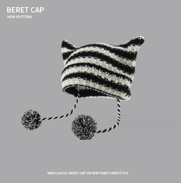 Popular striped fur ball knitted hat (A-418CHT black and white)