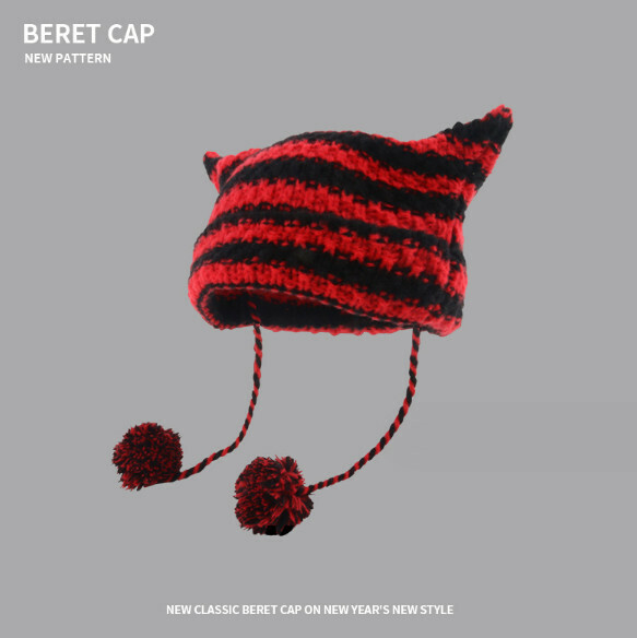 Popular striped fur ball knitted hat (A-418CHT red and black)