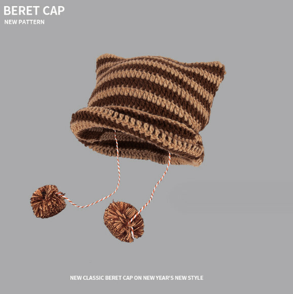 Popular striped fur ball knitted hat (A-418CHT coffee brown)
