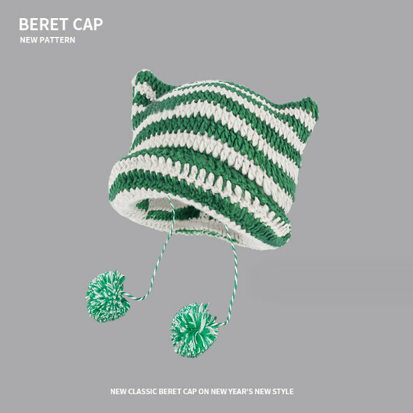 Popular striped fur ball knitted hat (A-418CHT green and white)