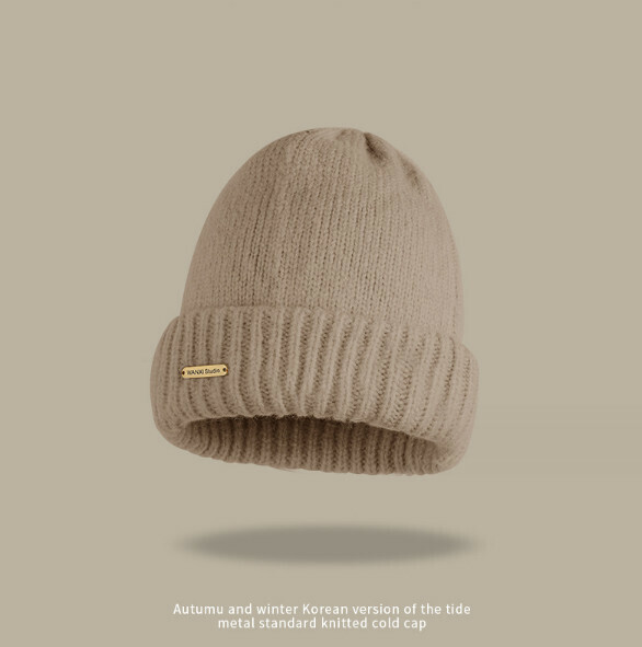 Hot style metal label loose thickened knitted hat (A-391CHT khaki)