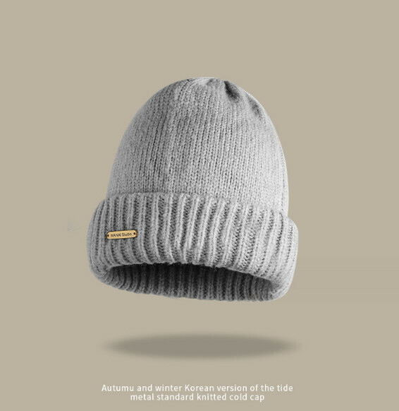 Popular style loose thickened knitted hat with metal label (A-391CHT gray)