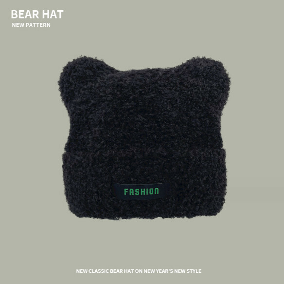 Popular cat ear lambswool knitted hat (A-457CHT black)