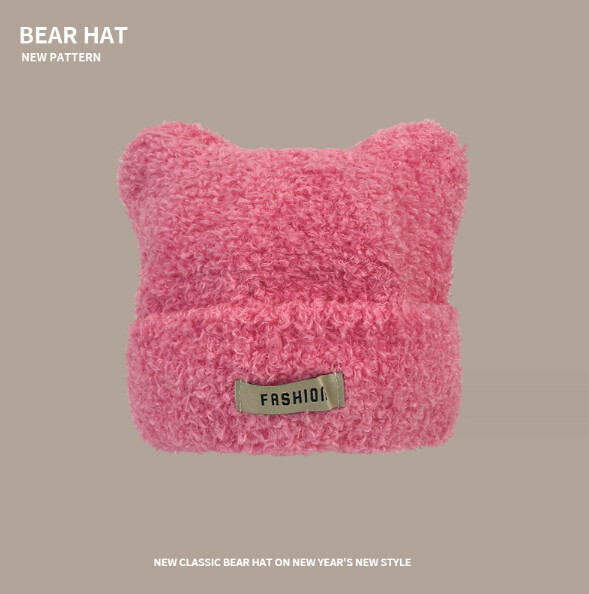 Popular cat ears lamb wool knitted hat (A-457CHT rose red)