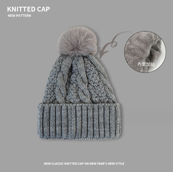 Hot style versatile thick twist knitted hat with velvet (A-406CHT gray)