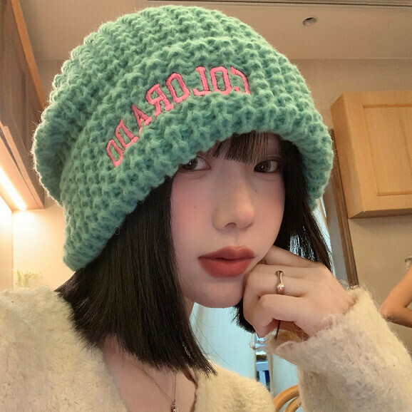 Hot style loose and versatile ear protection knitted hat (A-491 lake green)