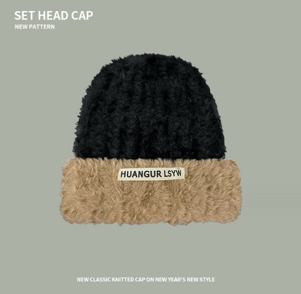 Popular fabric label imitation mink thickened knitted hat (A-422 khaki plush)