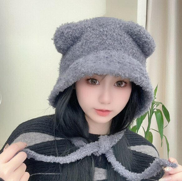 Popular Bear Ears Wool Tie Knitted Hat (E-429 Gray)