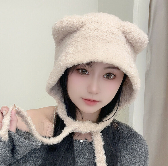 Popular Bear Ears Wool Tie Knitted Hat (E-429 Khaki)