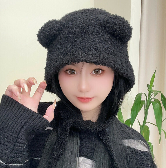 Popular Bear Ears Wool Tie Knitted Hat (E-429 Black)