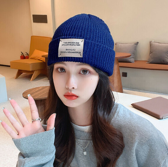 Popular retro patch ear protection knitted hat (A-173 blue)