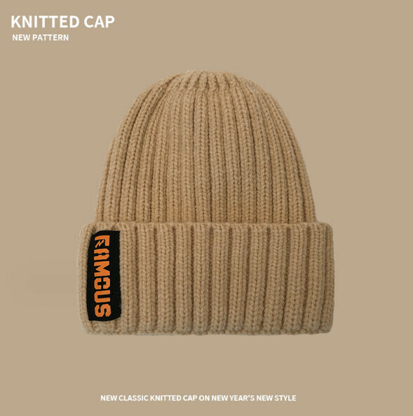 Popular warm and ear-protecting cloth-labeled knitted hat (A-467 khaki)