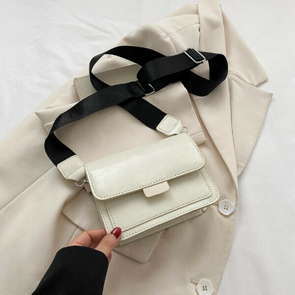 New casual wide shoulder strap small square bag retro single shoulder crossbody bag [white]