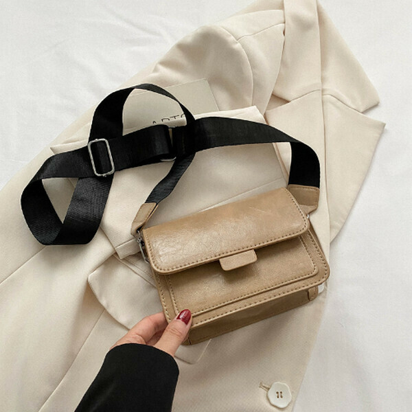New casual wide shoulder strap small square bag retro single shoulder crossbody bag [khaki color]