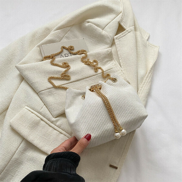 New style drawstring chain bucket bag [white]