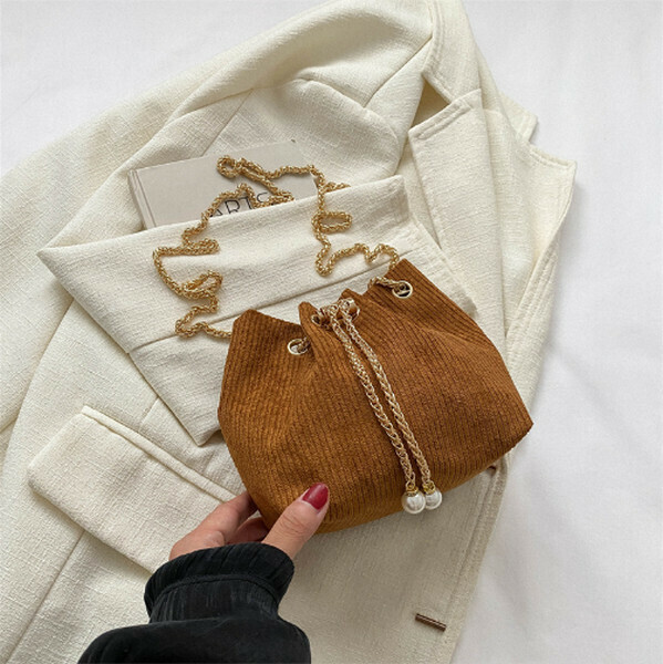 New style drawstring chain bucket bag [brown]