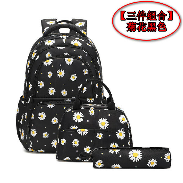 Popular trendy backpacks, travel backpacks, student bags, computer bags, hiking backpacks [three-piece set] chrysanthemum black