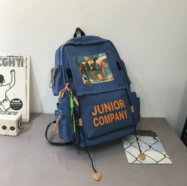 New large-capacity trendy backpack for high school students (blue with hook pendant)