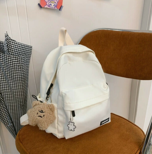 New simple and versatile small backpack for women (white with brown fat star pendant + 1 badge)