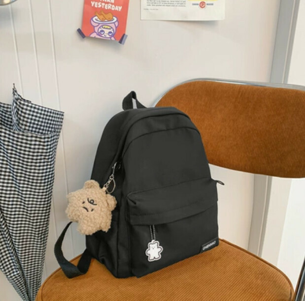 New simple and versatile small backpack for women (black with brown fat star pendant + 1 badge)