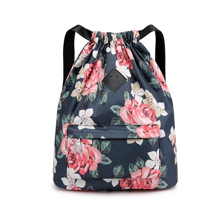 New Oxford Cloth Drawstring Pocket Backpack for Women Lightweight Nylon Sports Travel Large Capacity Travel Bag [Dark Blue Peony]