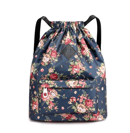 New Oxford Cloth Drawstring Pocket Backpack for Women Lightweight Nylon Sports Travel Large Capacity Travel Bag [Dark Blue Rose]