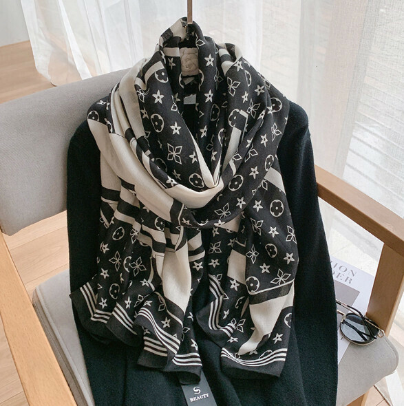 Popular printed cotton and linen scarf (B-black) (size: 180*90cm)