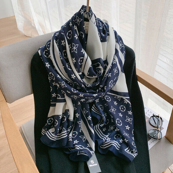 Popular printed cotton and linen scarf (B-blue) (size: 180*90cm)