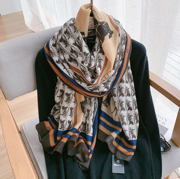 Popular printed cotton and linen scarf (A-khaki white) (size: 180*90cm)