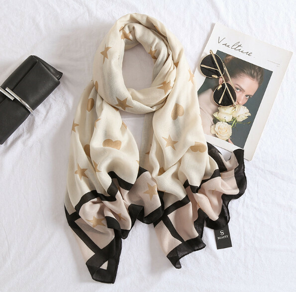 Popular printed cotton and linen scarf (D-beige gold) (size: 180*90cm)
