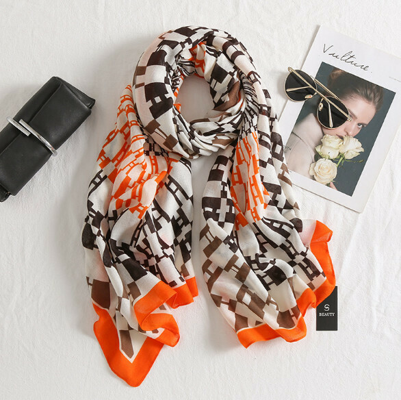 Popular printed cotton and linen scarf (F-bright orange) (size: 180*90cm)