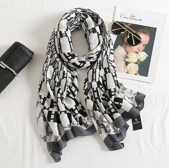 Popular printed cotton and linen scarf (F-grey) (size: 180*90cm)