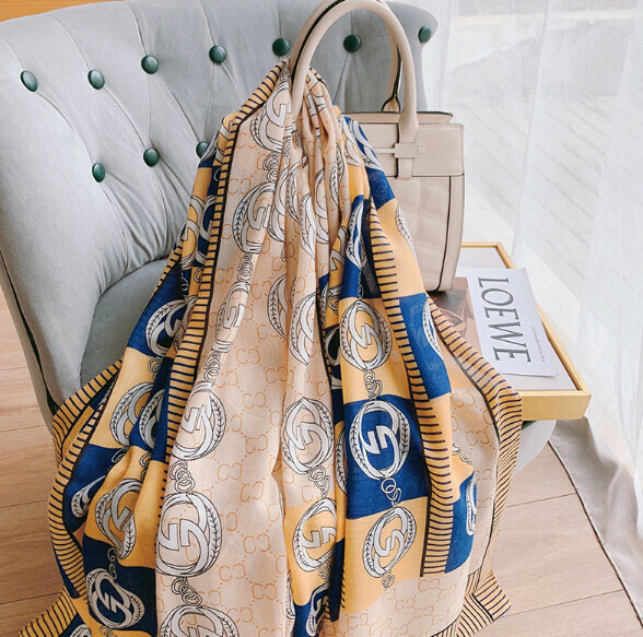 Popular versatile cotton and linen scarf (B-blue and yellow) (size: 180*85cm)