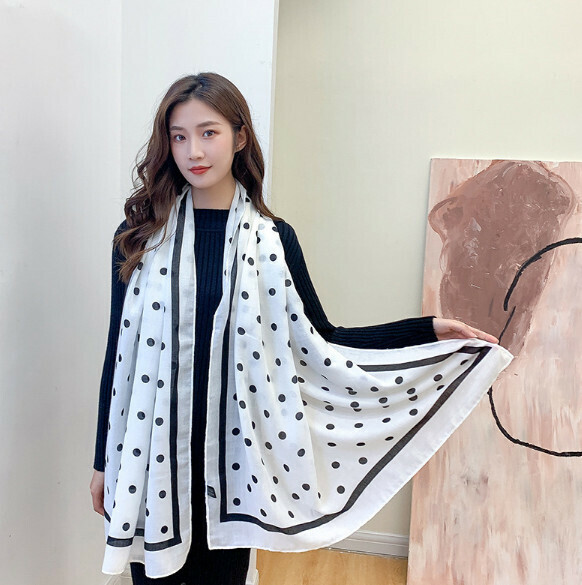Popular versatile cotton and linen scarf (polka dot white) (size: 180*85cm)