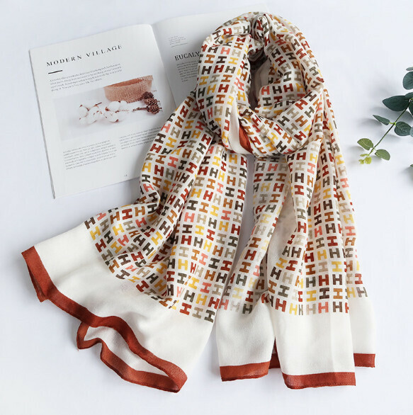 Popular versatile cotton and linen scarf (H letter-white) (size: 180*85cm)