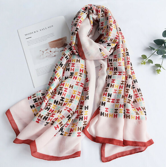 Popular versatile cotton and linen scarf (H letter - pink) (size: 180*85cm)