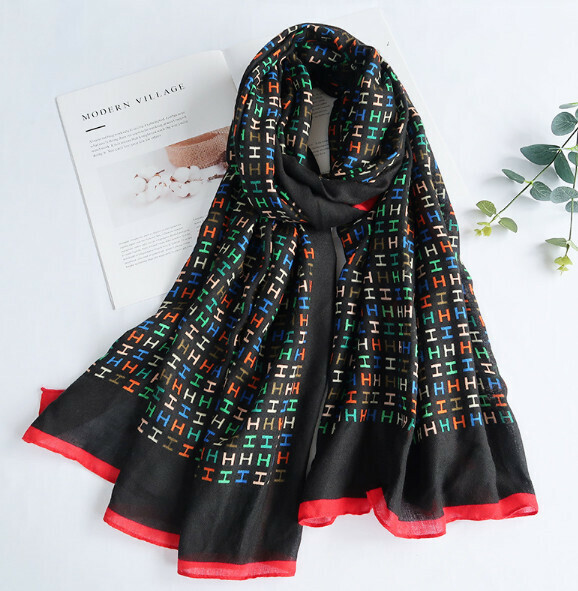 Popular versatile cotton and linen scarf (H letter - black) (size: 180*85cm)