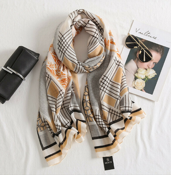 Popular versatile cotton and linen scarf (cubic grid-light khaki) (size: 180*85cm)