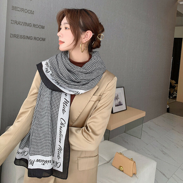 Popular versatile cotton and linen scarf (Chidori-Black) (size: 180*85cm)