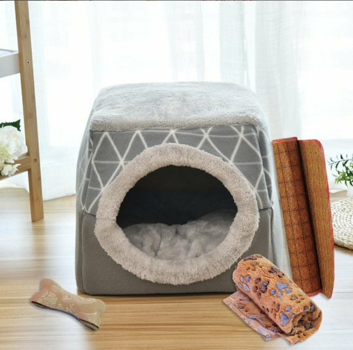 新款[套裝配涼蓆或毛毯+玩具]太空艙兩用寵物窩XL碼(38*38*34cm) 灰色 