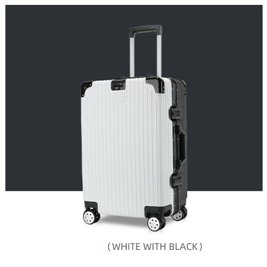 Hot recommended silent swivel wheel suitcase [hook style aluminum frame black + white] (size: 20 inches: 49x34x22CM)